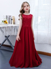 Robe de demoiselle dhonneur fille mousseline de soie dentelle col bijou sans manches bordeaux
