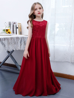 Robe de demoiselle dhonneur fille mousseline de soie dentelle col bijou sans manches bordeaux