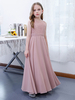Robe de demoiselle dhonneur fille mousseline de soie dentelle col bijou sans manches rose lotus
