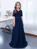 Robe de Demoiselle dHonneur Fille Mousseline de Soie Dentelle Col V Manches Courtes Bleu Marine Foncé