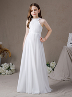 Robe de Demoiselle dHonneur Fille Mousseline de Soie Dentelle Dos Nu Sans Manches Ivoire