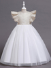 Robe de demoiselle dhonneur fille Polyester Coton Nœuds Col bijou Manches courtes Blanc