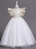 Robe de demoiselle dhonneur fille Polyester Coton Nœuds Col bijou Manches courtes Blanc