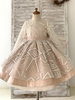 Robe de Demoiselle dHonneur Fille Tissu Satin Ceinture Col Bijoux Manches Longues Champagne