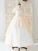 Robe de demoiselle dhonneur fille tulle ceinture col bijou manches courtes champagne