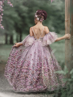 Robe de Demoiselle dHonneur Fille Tulle Fleurs Bustier Manches Courtes Rose Fuchsia
