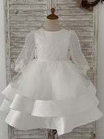 Robe de Demoiselle dHonneur Fille Tulle Noeuds Col Bijoux Manches Longues Ecru Blanc