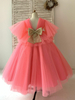 Robe de Demoiselle dHonneur Fille Tulle Noeuds Col V Manches Courtes Jaune