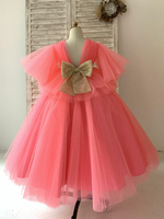 Robe de Demoiselle dHonneur Fille Tulle Noeuds Col V Manches Courtes Jaune
