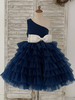 Robe de demoiselle dhonneur fille tulle nœuds une épaule sans manches bleu marine foncé