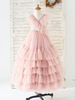 Robe de Demoiselle dHonneur Fille Tulle Perlé Col V Sans Manches Lotus Rose