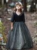 Robe de demoiselle dhonneur pour fille Coton mélangé Col en V à volants Manches courtes Noir