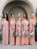 Robe de demoiselle dhonneur rose a-ligne hors de lépaule volants longueur de plancher fermeture éclair polyester longue robe de soirée de mariage