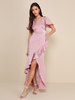 Robe de demoiselle dhonneur rose col en V volants asymétrique ligne a robe longue de bal