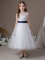 Robe de demoiselle dhonneur sans manches en dentelle robe trapèze ceinture arc robe enfant