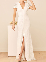 Robe de fiançée robe de mariage col V manche courte jupe fendue