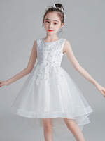 Robe de fille de fleur asymétrique blanche en tulle col rond en dentelle robe cortège enfant