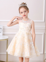 Robe de fille de fleur blanche champagne en dentelle col rond zip sur dos décoré de noeud longueur au genou Robe cortège enfant