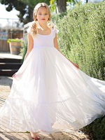 Robe de fille de fleur blanche en dentelle col carré longueur au sol robe cortège enfant