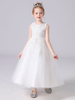 Robe de fille de fleur blanche en tulle col rond en dentelle longueur cheville robe cortège enfant