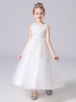 Robe de fille de fleur blanche en tulle col rond en dentelle longueur cheville robe cortège enfant