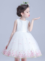 Robe de fille de fleur blanche en tulle col rond zip sur dos décoré de noeud longueur au genou Robe cortège enfant