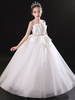 Robe de fille de fleur blanche en tulle col rond zip sur dos décoré de noeud longueur au sol Robe princesse d\