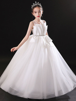 Robe de fille de fleur blanche en tulle col rond zip sur dos décoré de noeud longueur au sol Robe princesse d\