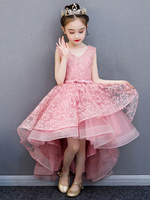 Robe de fille de fleur col en V en dentelle sans manche Robes de soirée princesse asymétriques