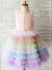 Robe de fille de fleur couleur rose en tulle col rond dos en V avec noeud robe cortège paillete
