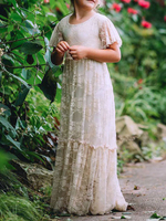Robe de fille de fleur ivoire en dentelle col rond manche courte longueur au sol robe cortège enfant robe cérémonie fille