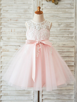 Robe de fille de fleur Robe de tutu en dentelle rose pâle Robes de soirée pour enfants