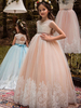 Robe de fille de fleur rose en tulle col rond en dentelle longueur au sol robe cortège enfant
