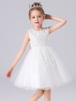 Robe de fille de fleur rose en tulle col rond en dentelle longueur au sol robe cortège enfant