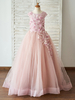 Robe de fille de fleur saumon rose en tulle col rond dos en V avec laçage décoré des fleurs longueur au sol Robe princesse d\