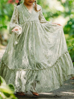Robe de fille de fleur Vert Cendré en dentelle col V manche longue longueur au sol robe cortège enfant robe cérémonie fille