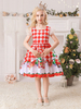 Robe de fête pour Noël Red Polyester Fibre Plaid Match Floral Print Christmas Holidays Costumes Robe