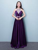 Robe de fête speciale Robe de soirée avec perles sans manches dos décolleté en satin mat A-ligne
