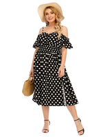 Robe de grande taille pour femme noire sans manches col bateau dos nu à pois en polyester longue robe