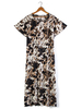 Robe de grande taille pour femmes col bijou manches courtes en polyester imprimé robe dété longue
