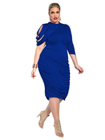 Robe de grande taille pour les femmes bleu col haut manches longues en polyester robe longue