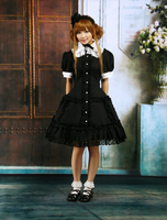 Robe de lolita cosplay Noire en Coton avec Dentelle et Manches Courtes Déguisements Halloween