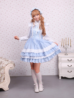 Robe de lolita douce Cravates Avant Dentelle Coton Bleue Déguisements Halloween