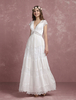 Robe de marié bohémien ivoire en satin col V en dentelle zip sur dos robe de mariage