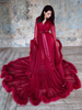 Robe de marié bordeaux en tulle col V manche longueur transparent à traîne robe de mariage