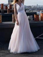 Robe de marié rose devent et dos en V jupe en tulle au sol Robe de mariage