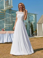 Robe de mariéé simple balnche en chiffon col rond en dentelle longueur zip sur dos longeuur au sol robe de mariage