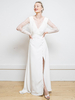 Robe de mariéé simple blanche en satin col V manche longue en tulle jupe fendu longueur au sol robe de mariage