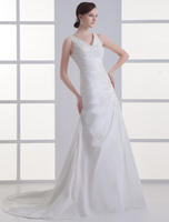 Robe de mariage A-ligne ivoire en taffetas avec col V à traîne