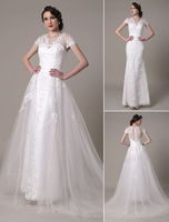 Robe de mariage ivoire exquise fourreau tissu de satin avec ceinture col V traîne démontable Milanoo